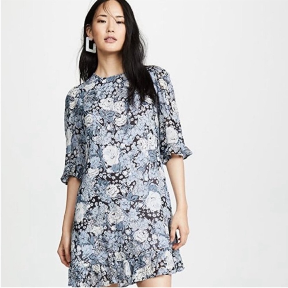 GANNI Elm Blue Floral Printed Ruffle Georgette Dress in Heather Size 4 Small
